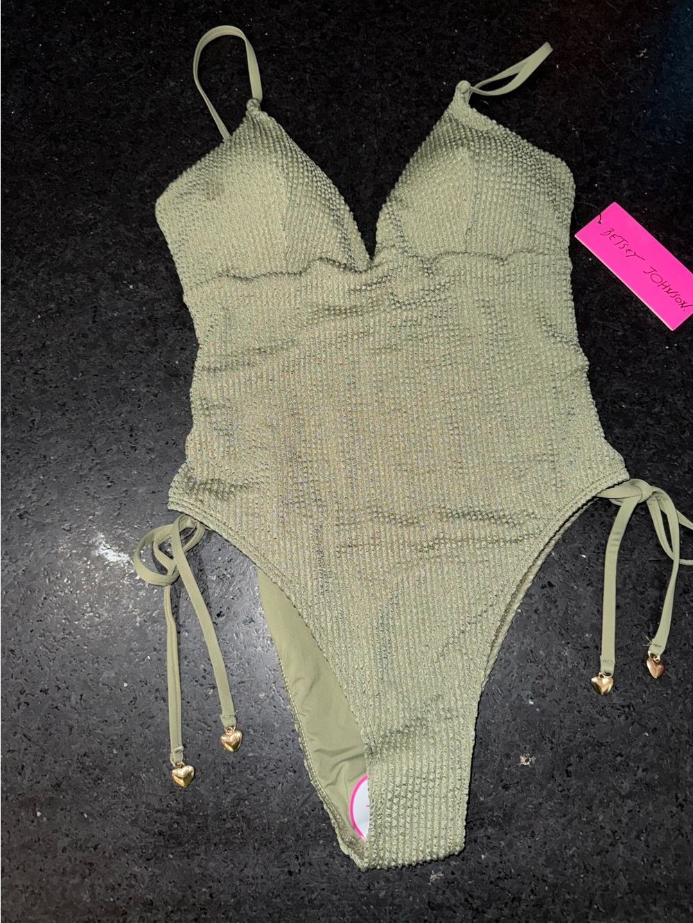 NEW Betsey Johnson Olive Green Textured One-Piece Swimsuit RUCHED SIDES SZ M